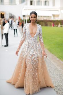 chanel iman floral lace appliques v neck champagne tulle prom evening dress