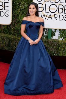 gina rodriguez navy off the shoulder celebrity prom gown at 2016 golden globe awards