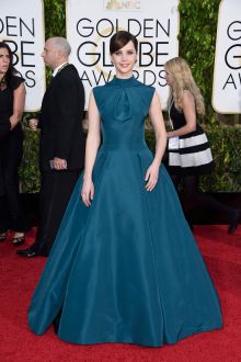 felicity jones teal high neck red carpet dress golden globes 2015