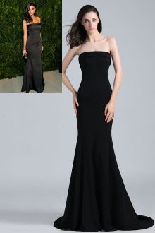 emily ratajkowski simple cheap strapless black satin evening prom dress