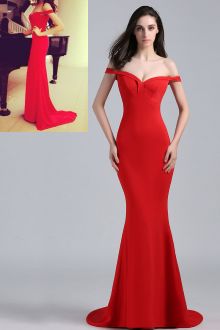 popular red off the shoulder hugging mermaid long evening prom dress