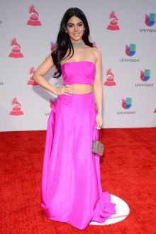 emeraude toubia fuchsia satin two piece prom dress grammys 2015