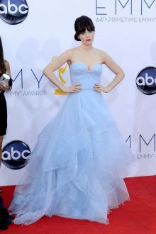 zooey deschanel cute light sky blue strapless prom ball gown emmys 2012