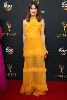 mandy moore unique yellow ruffled halter sheer pageant prom dress emmys 2016