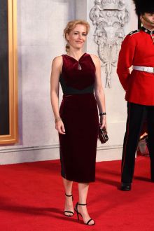 gillian anderson slim burgundy velvet sleeveless ankle length cocktail dress 2016