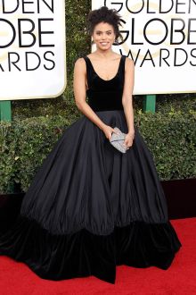 black scoop neck ball gown celebrity prom dress zazie beetz golden globes 2017