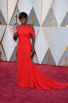 halter off the shoulder red celebrity prom dress viola davis oscars 2017