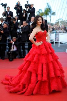 Aishwarya Rai Bachchan Red Strapless Tiered Ball Gown Prom Dress Cannes 2017
