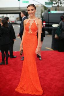 giuliana rancic dress grammy awards red carpet orange lace mermaid prom gown