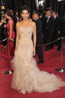 halle berry strapless embroidered cream satin celebrity prom dress oscar