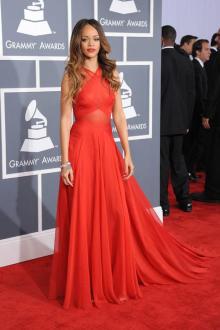 rihanna red carpet dress grammy awards criss cross strap celebrity prom dress