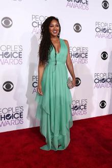 meagan good green chiffon v neck prom dress peoples choice