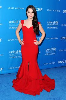 vanessa marano chic red cascade trumpet prom dress unicef ball